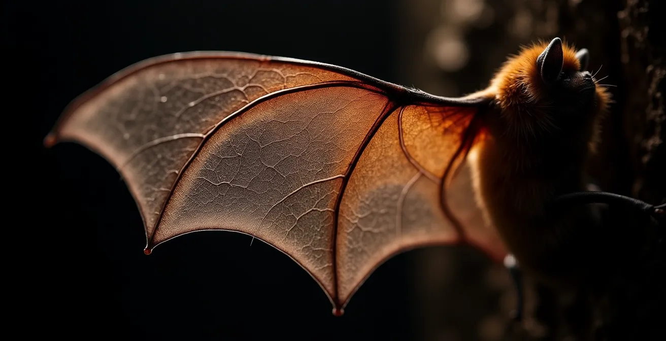 Macro shot of bat wing texture with dramatic lighting showing membrane detail