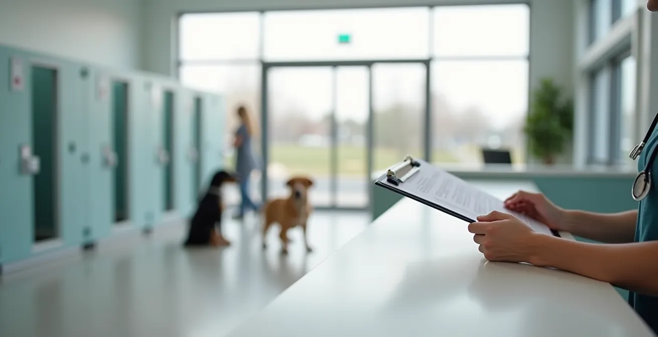Veterinary assistant reviewing vaccination records at kennel check-in desk