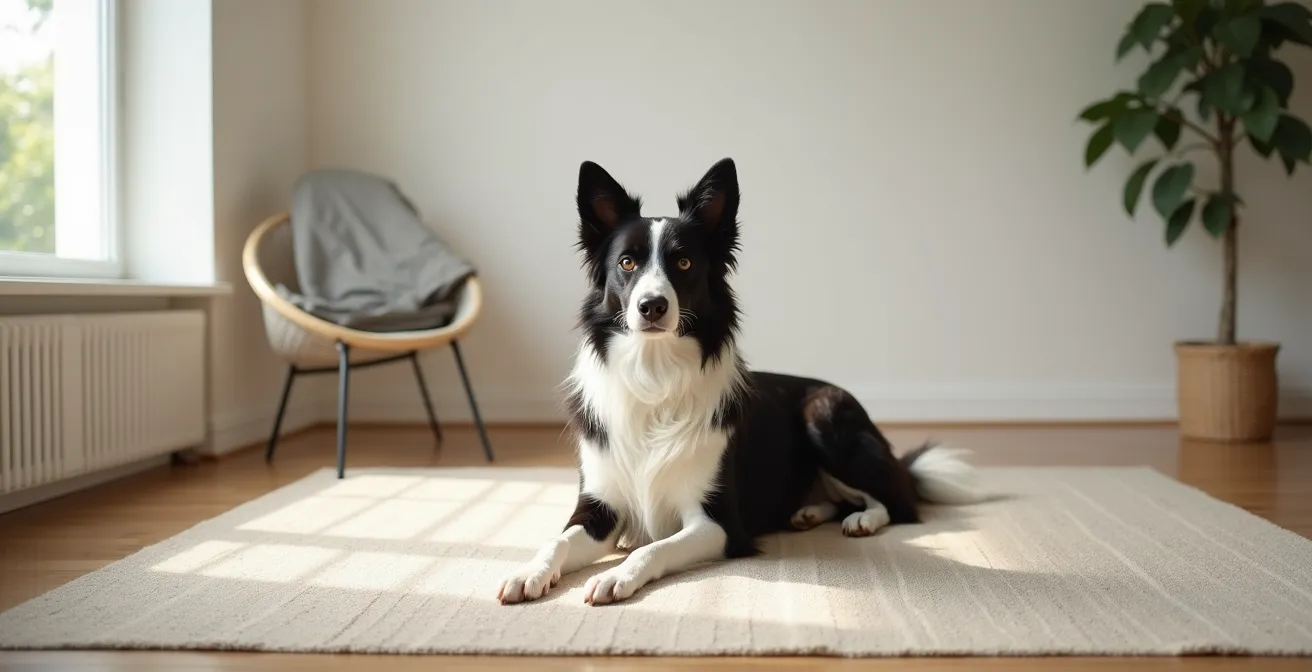 Border Collie practicing calm behavior on a training mat in a home setting