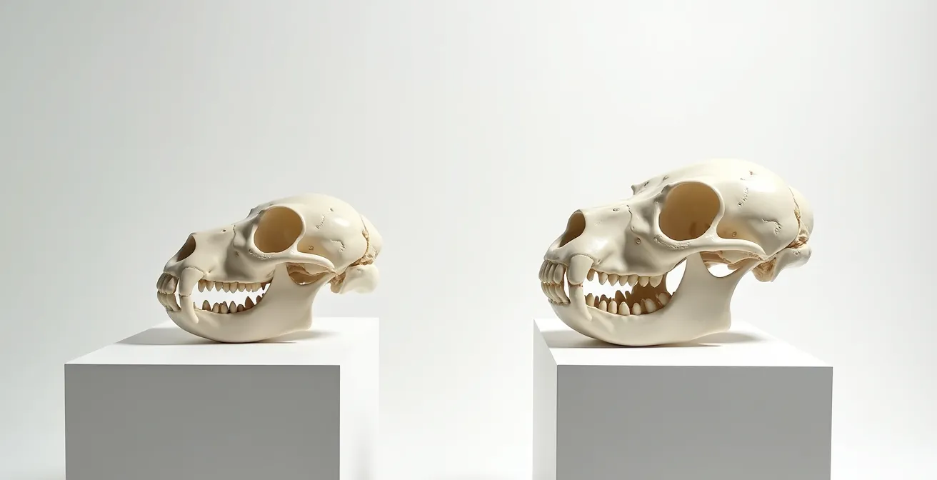 Anatomical comparison showing crowded teeth in small breed dog jaw versus properly spaced teeth in large breed