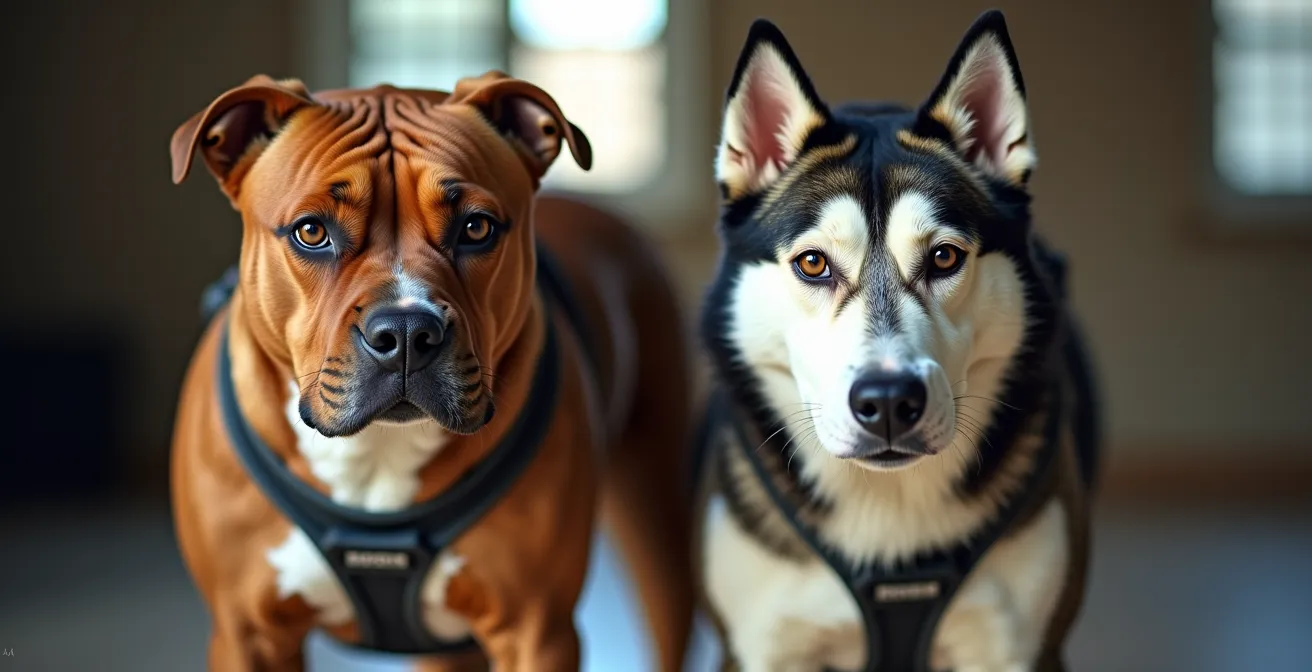 Portrait showing harness Y-angle differences on muscular and lean dog breeds