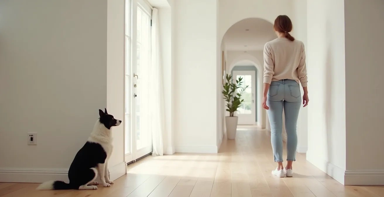 Wide shot of a calm Border Collie sitting politely while greeting a visitor in a minimalist home entryway