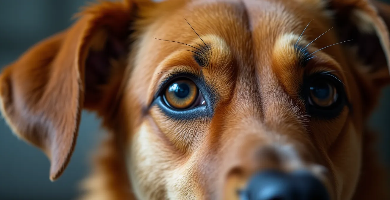 Close-up macro shot of dog's facial features showing subtle pain indicators