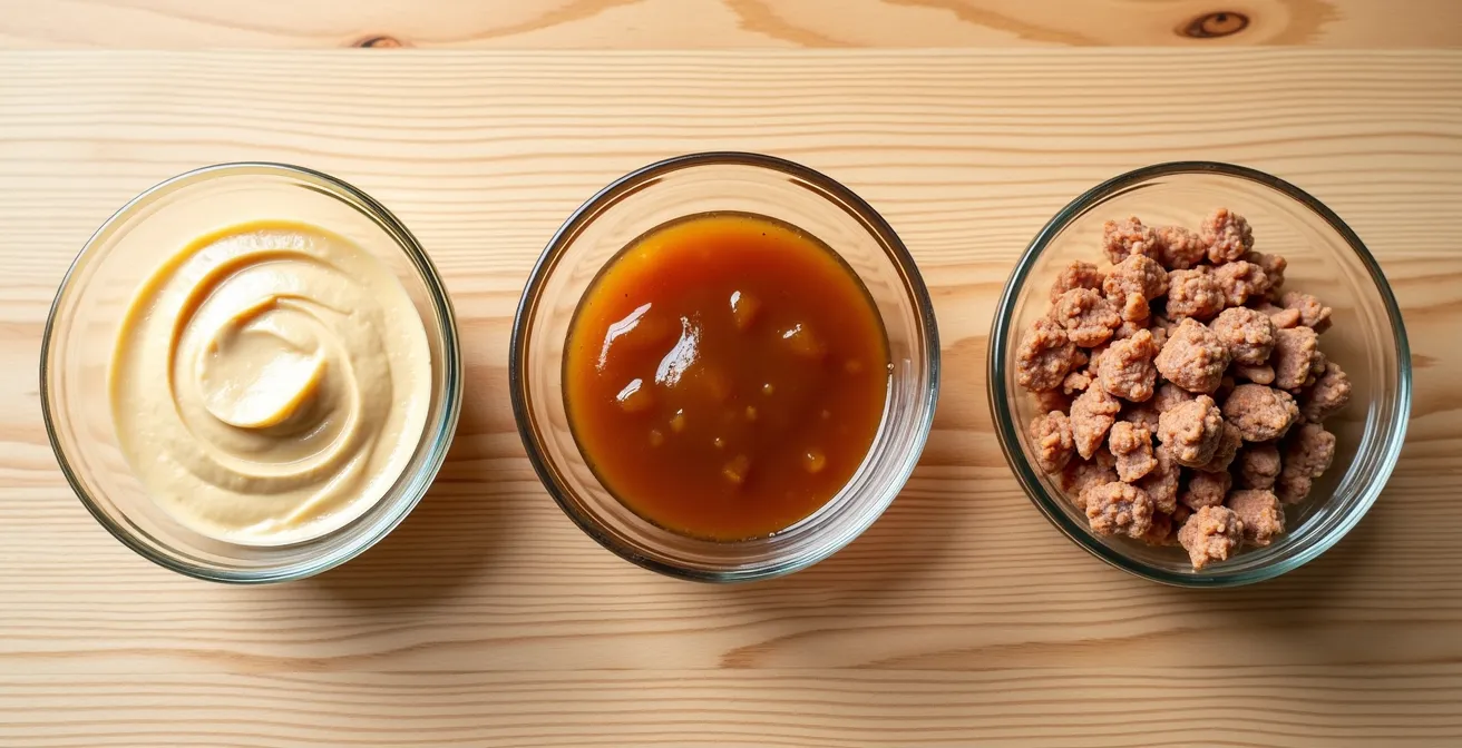 Overhead view of three glass bowls containing different cat food textures arranged on wooden surface