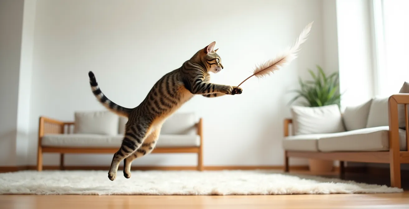 A tabby cat in mid-pounce reaching for a feather wand toy, capturing the dynamic hunting motion in a bright living room