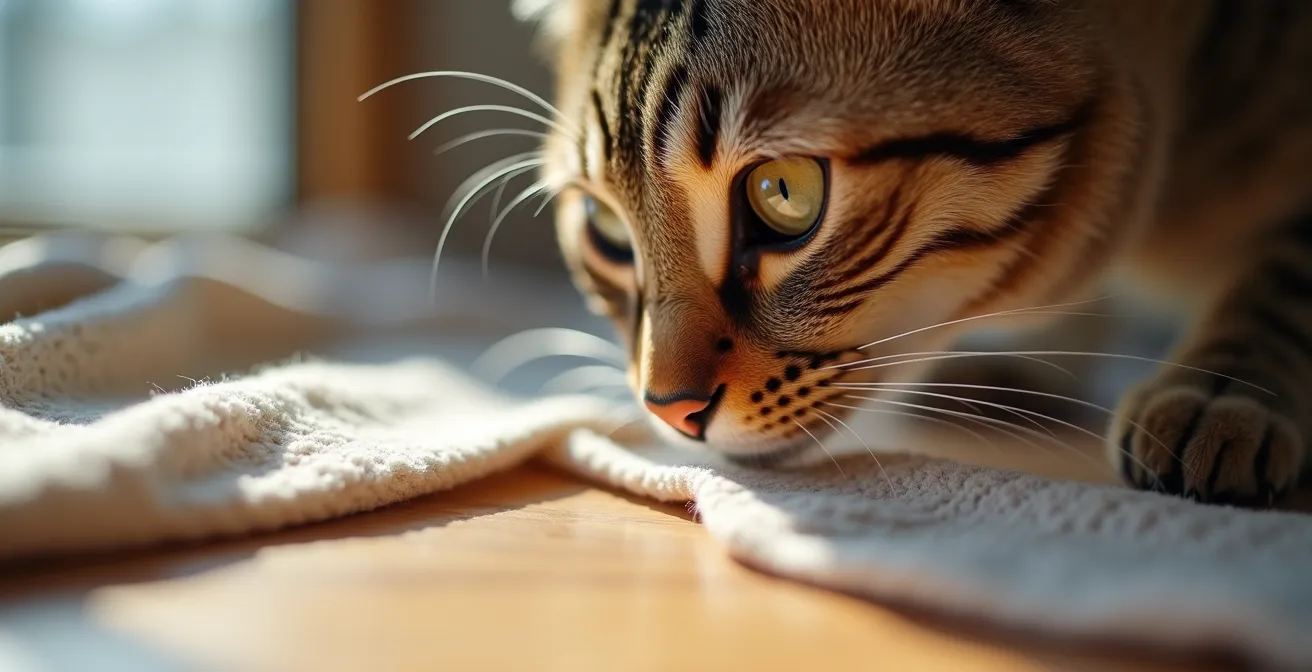 Close-up of a cat sniffing a fabric item placed on the floor in a neutral room setting