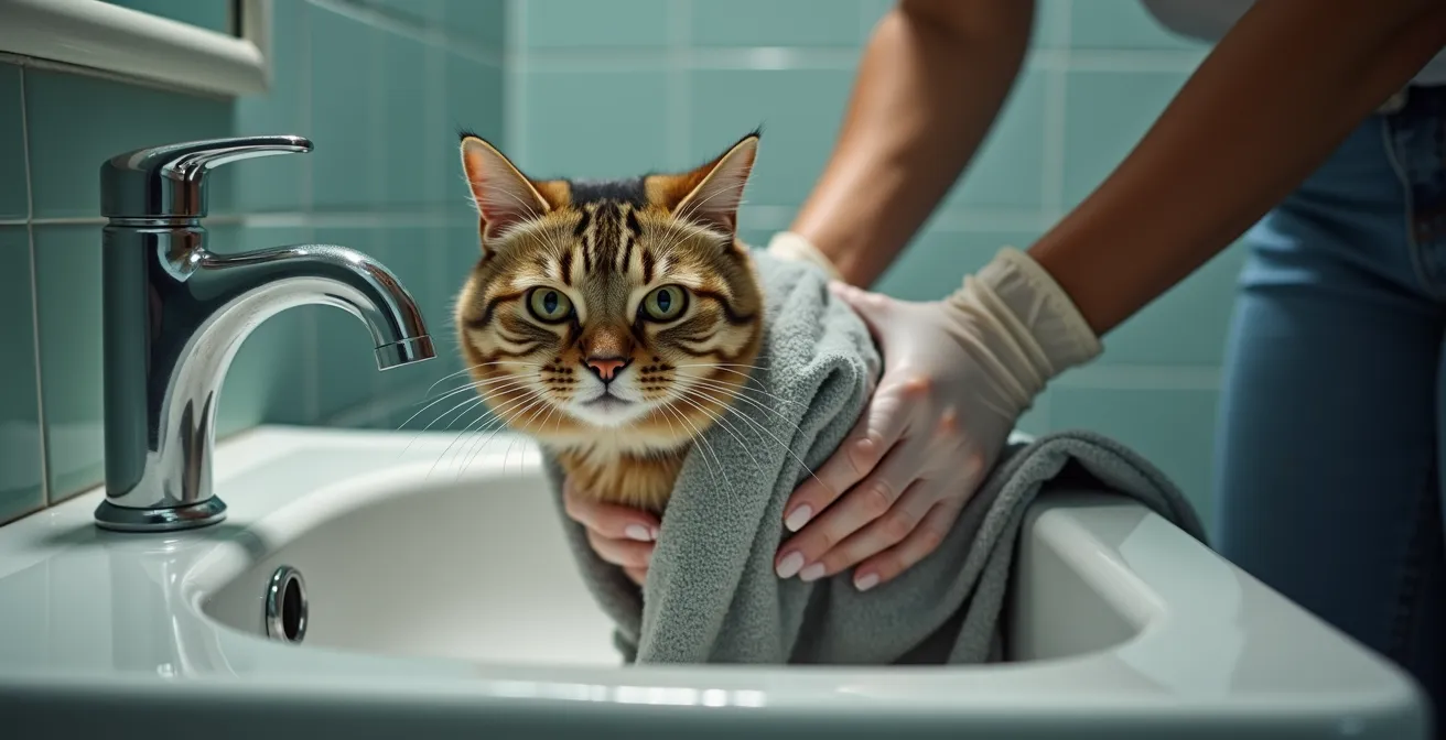 Cat owner urgently washing their cat in bathroom sink with emergency supplies nearby