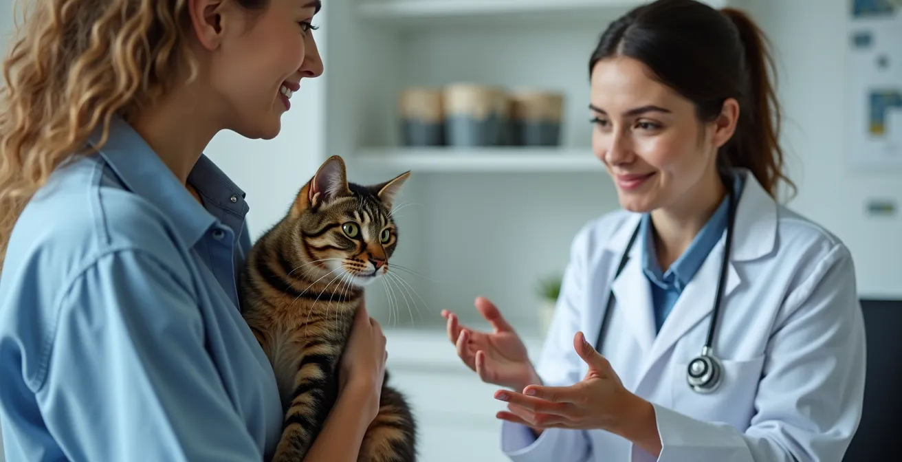 Cat owner discussing deworming schedule with veterinarian in clinical setting