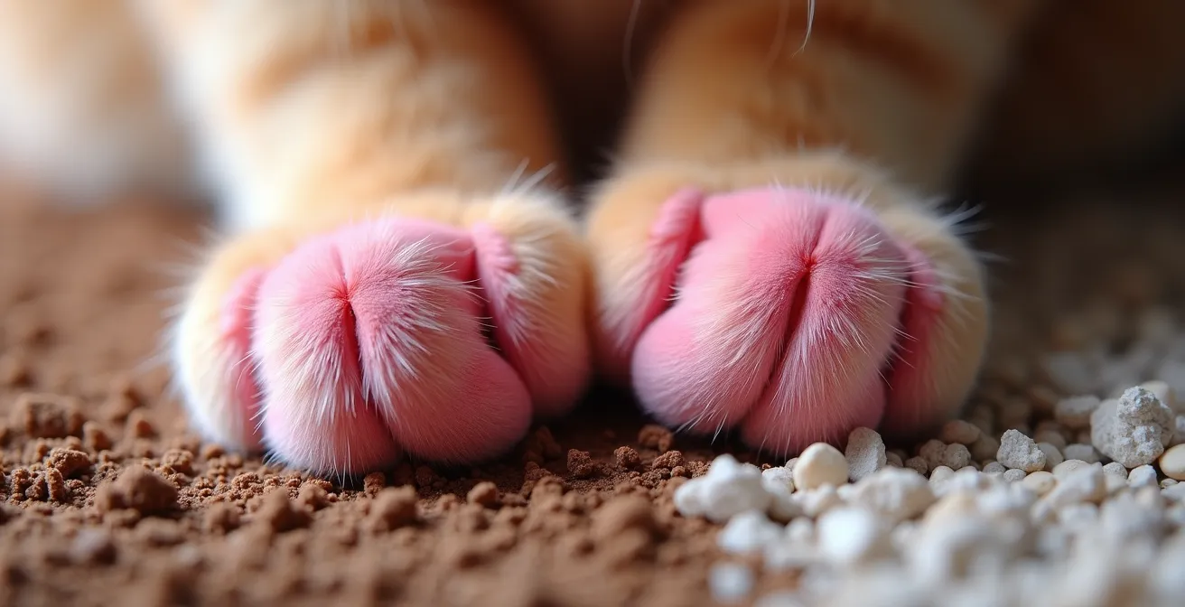 Extreme close-up of cat paw pads touching different litter textures