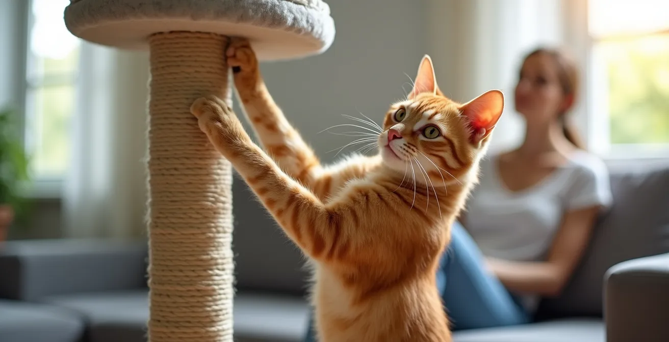 Wide view of living room showing strategic scratching post placement near sofa