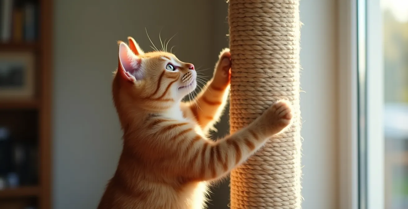 Cat fully stretched upward on tall scratching post demonstrating natural stretching behavior