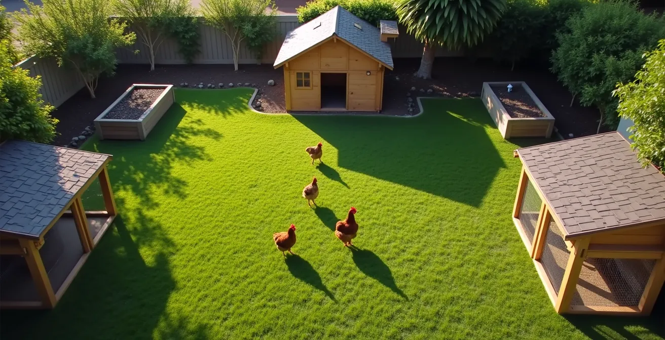 Aerial view of backyard showing main coop and separate quarantine pen for new pullets