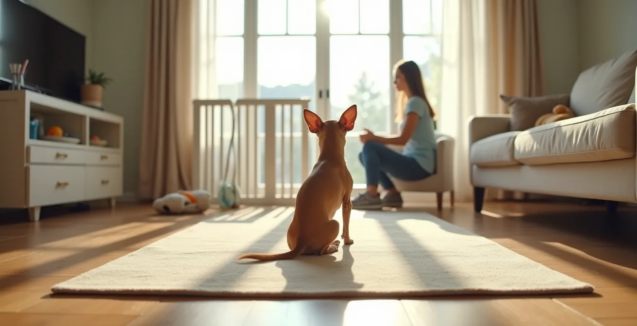 Wide shot of a Chihuahua practicing independence training in home setting
