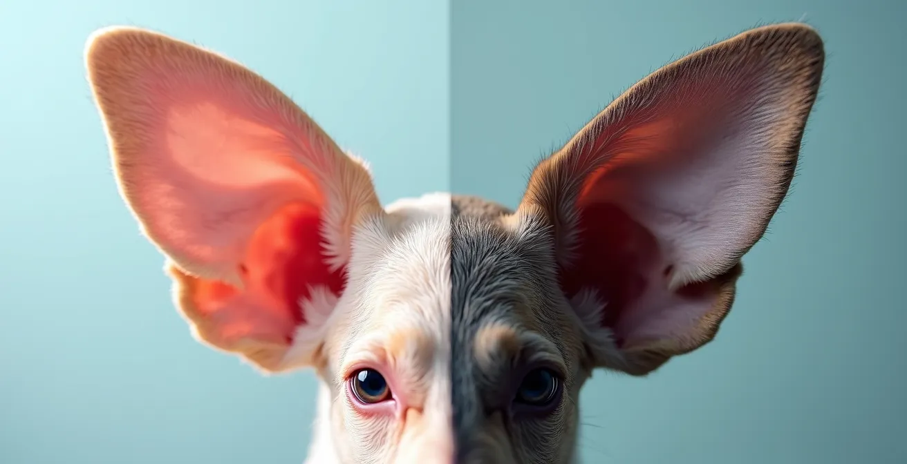 Split view comparison of healthy pet ear versus ear mite infected ear with dark debris