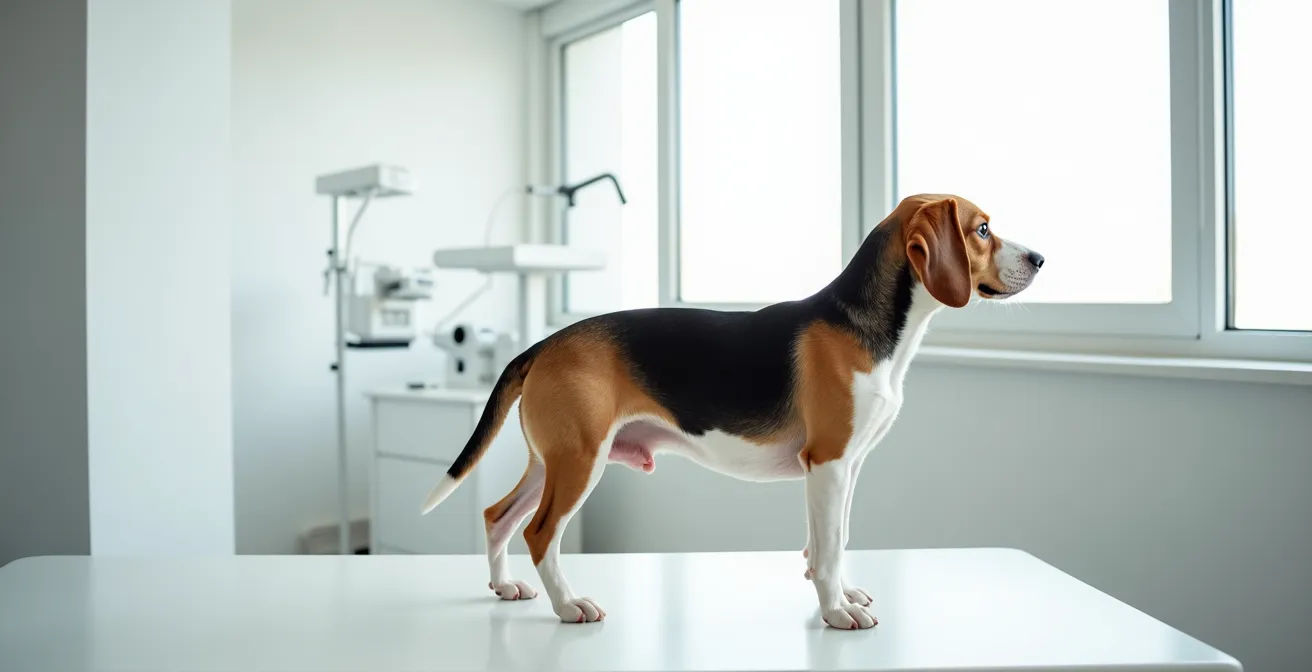 Side profile of a dog showing the characteristic pot-bellied appearance of Cushing's disease.