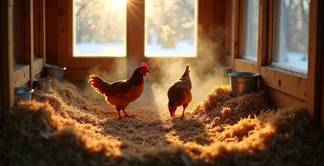 Cross-section view of chicken coop showing deep litter composting system generating natural heat