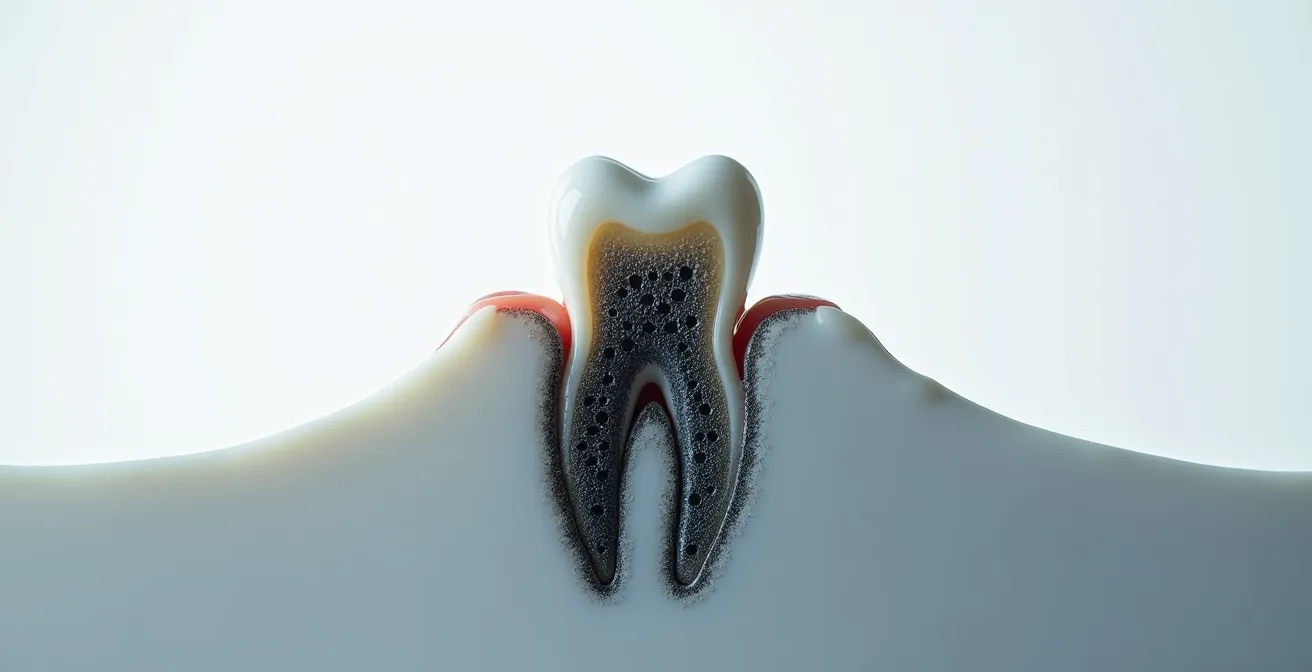 Cross-section view of a dog's tooth showing the small amount of visible tartar above the gumline versus the extensive hidden disease and root damage below.