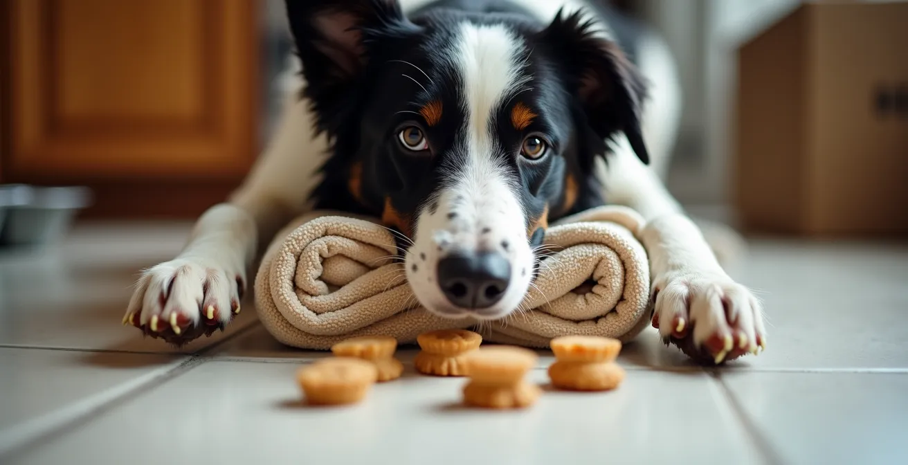 A border collie working on unwrapping a knotted towel puzzle on a kitchen floor, with safe DIY materials arranged nearby