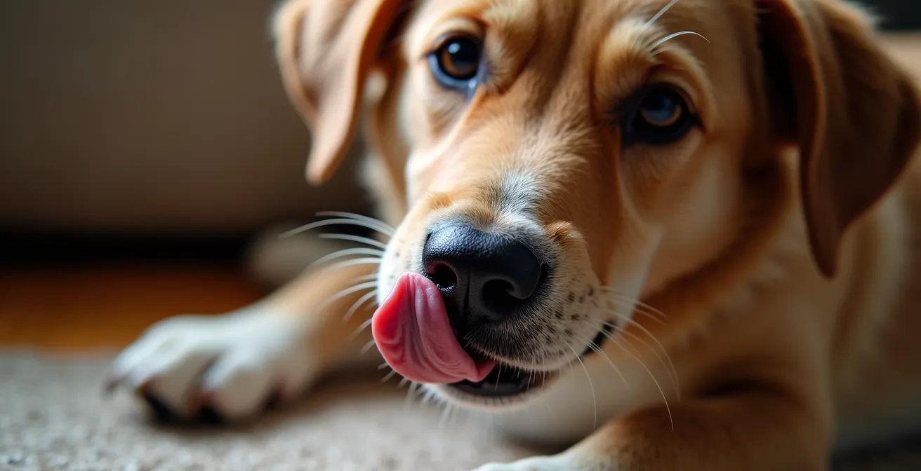 Macro close-up of dog's face turning away showing stress lick on nose