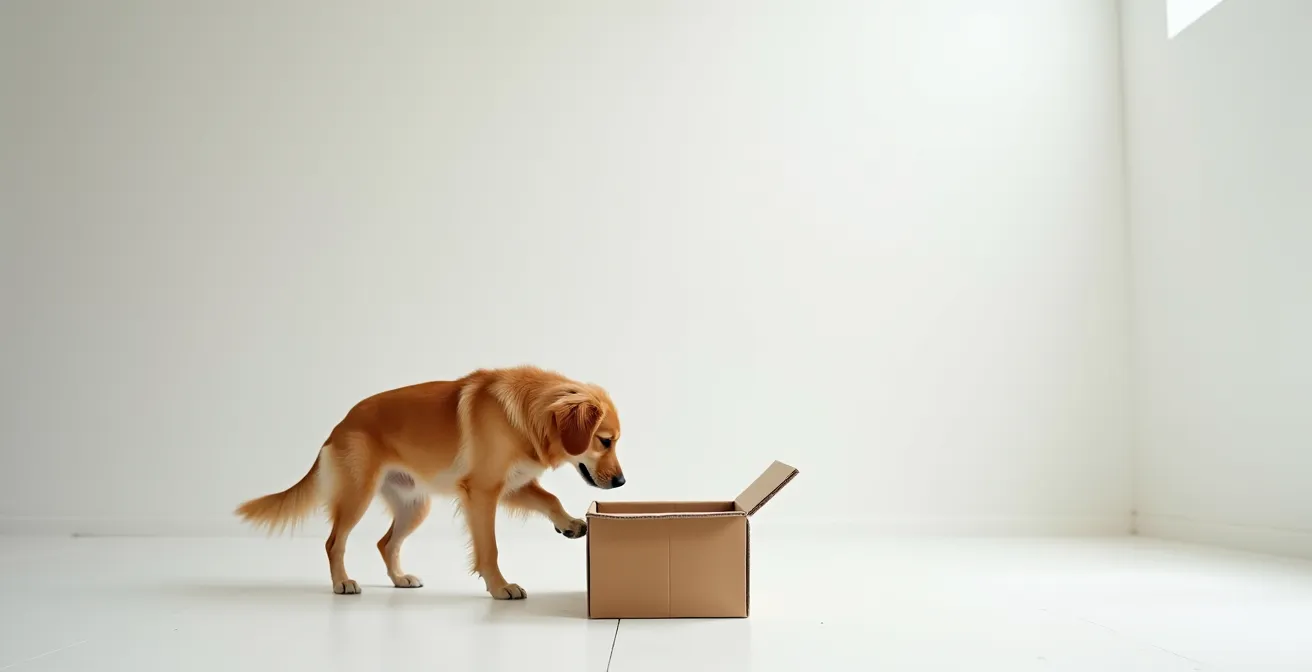 Dog actively exploring and interacting with training box showing creative problem-solving