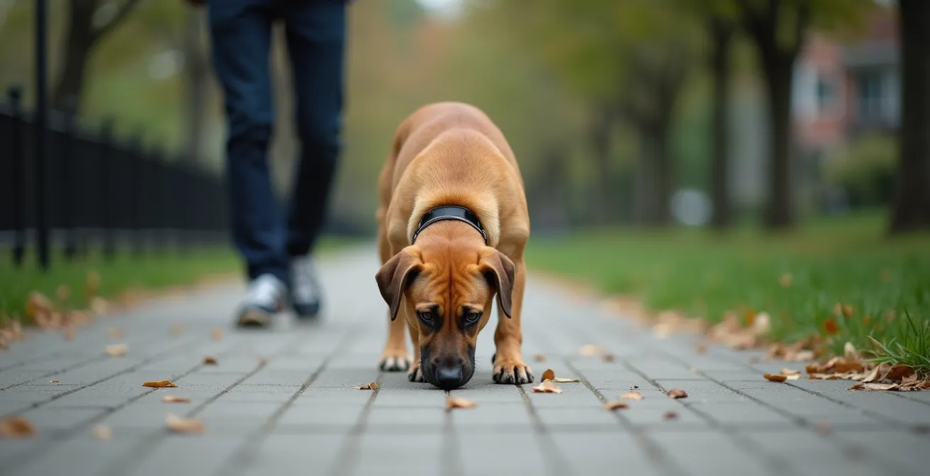 Wide shot of dog sniffing ground in avoidance behavior with owner in background