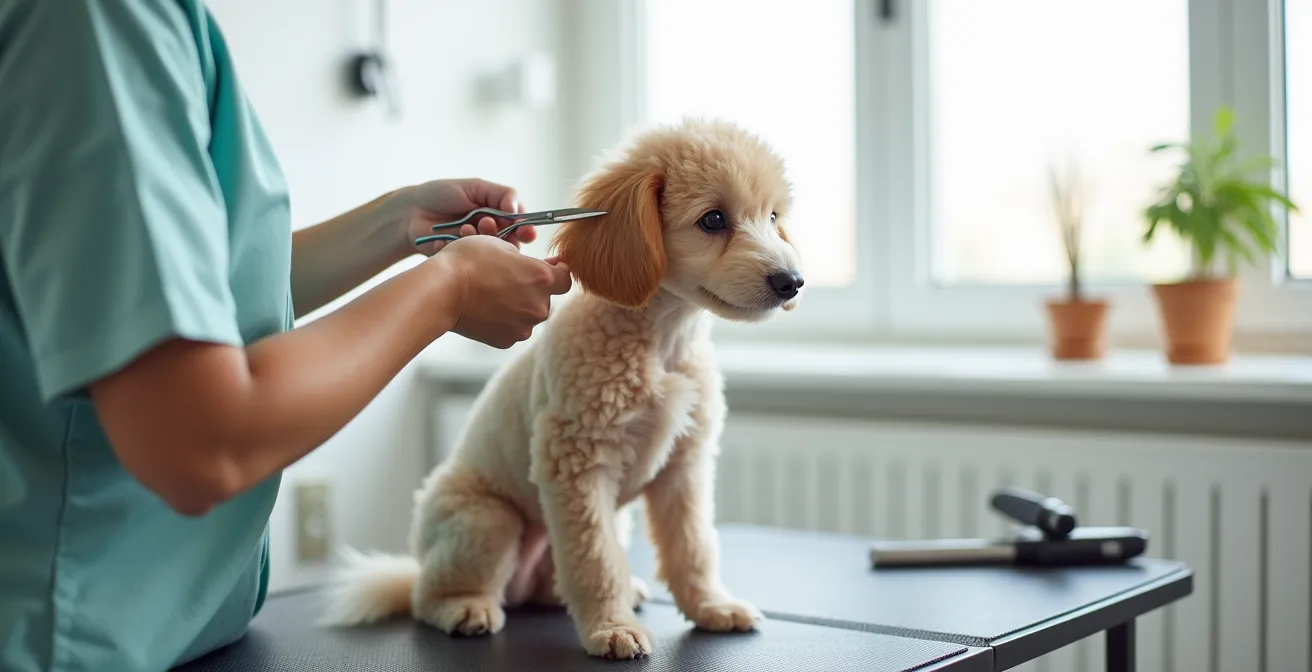 Safe ear hair trimming technique demonstration on poodle