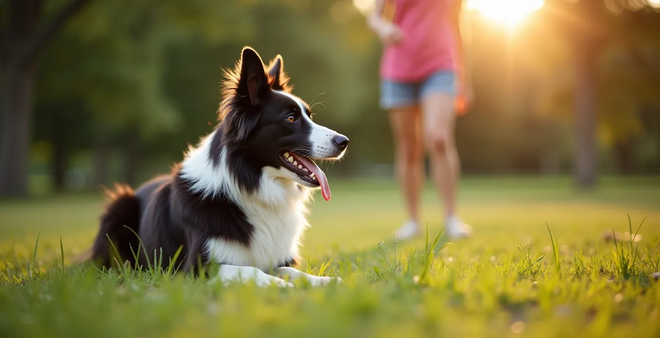A dog in perfect down position at distance during training with handler visible in background