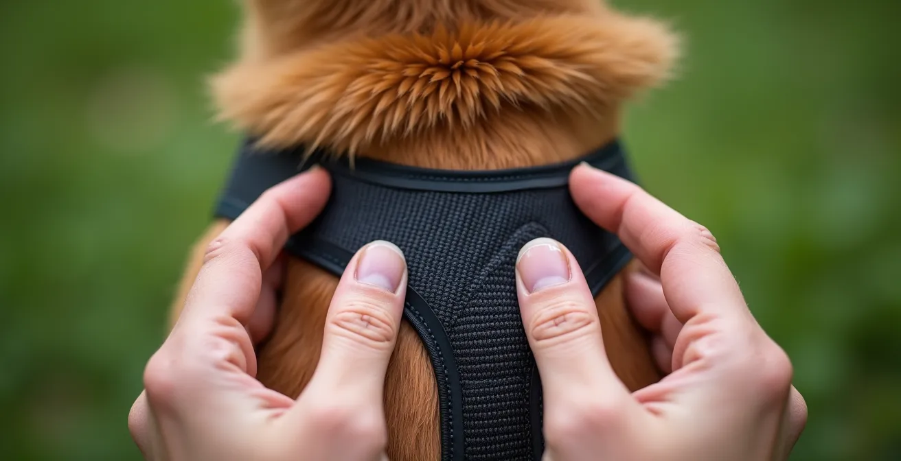 Extreme close-up of hands checking harness fit around a dog's shoulder blade to ensure freedom of movement.