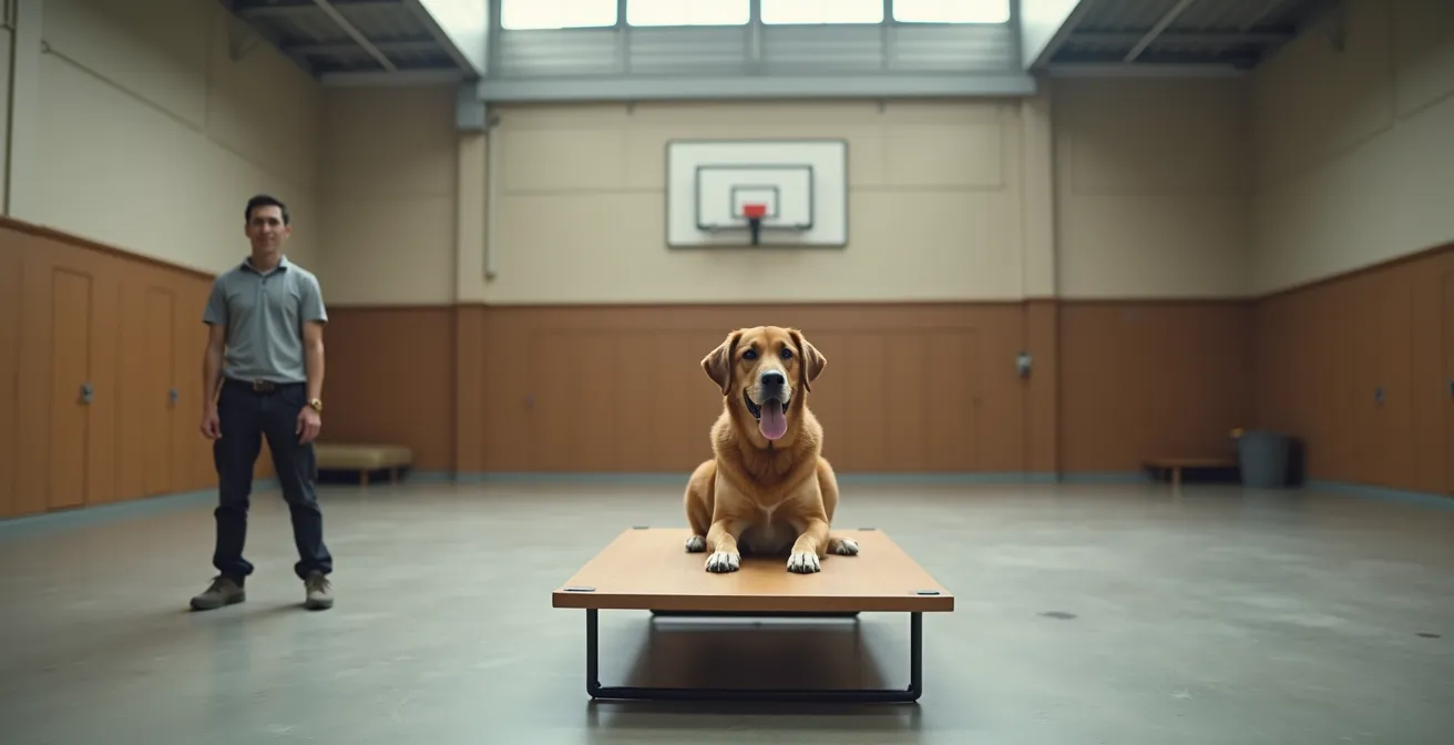 Wide shot of rescue dog on agility pause table in calm, controlled environment