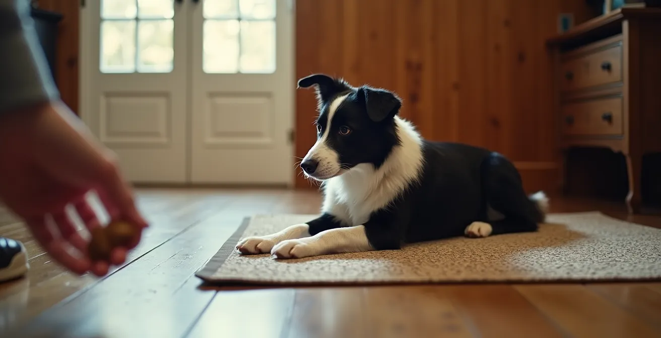 Border Collie settled on designated mat near front door while guests arrive