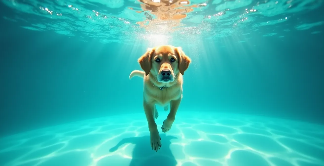 Dog swimming underwater showing buoyancy and low-impact movement