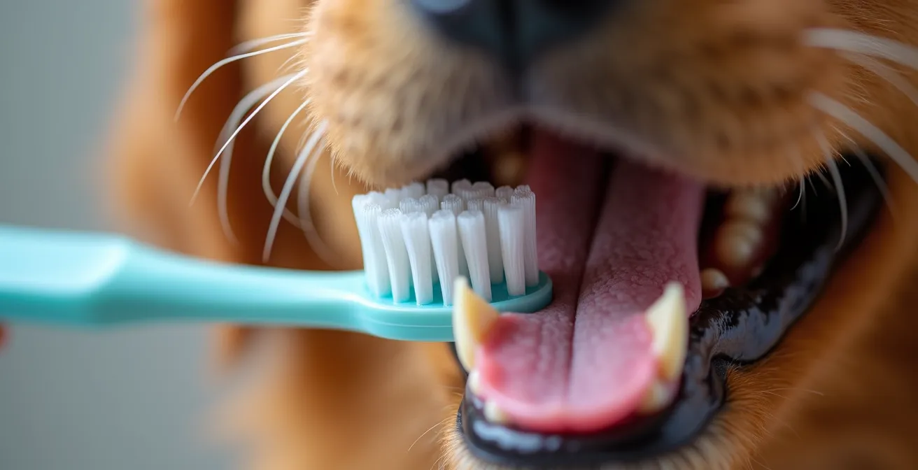Close-up macro shot of small dog dental care showing brush technique on molars