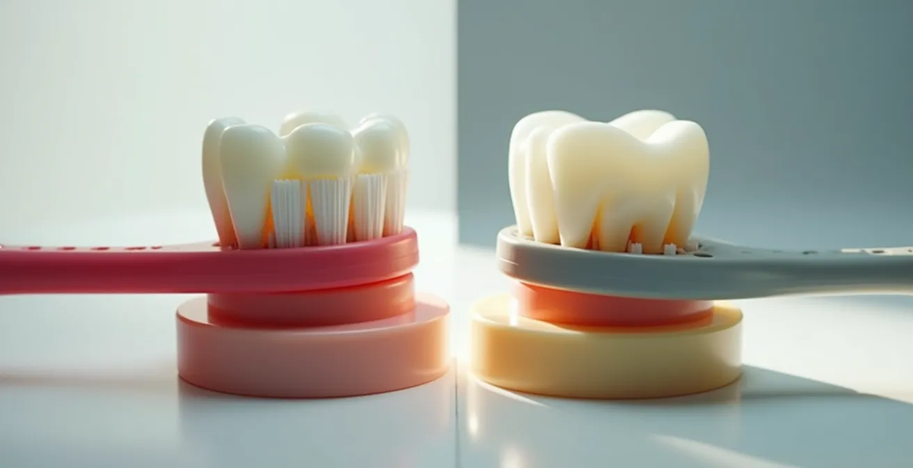 Split composition showing toothbrush bristles reaching subgingival areas versus dental chew only affecting crown surfaces