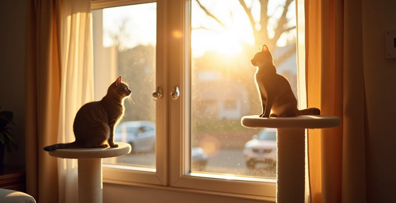 Two elegant cat trees positioned at different windows, creating separate viewing channels for two cats enjoying the sunlight peacefully.