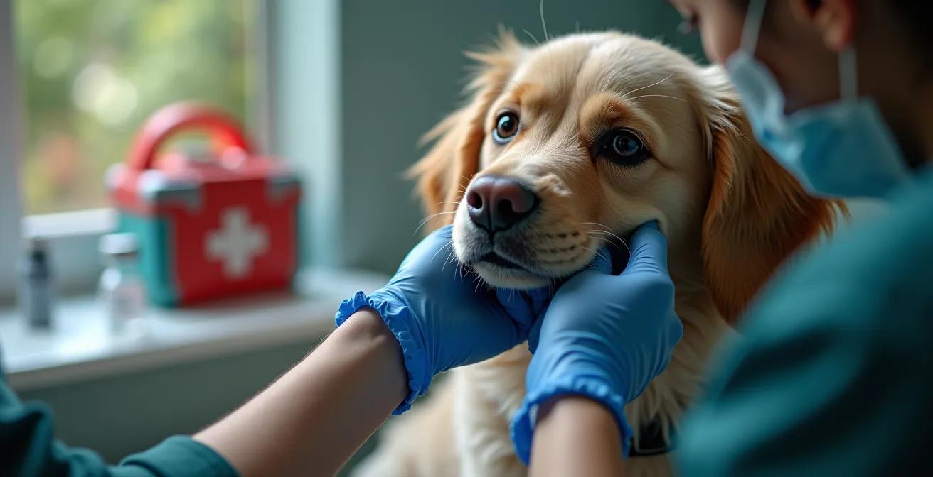 Close-up of veterinarian examining dog's facial area with emergency supplies nearby
