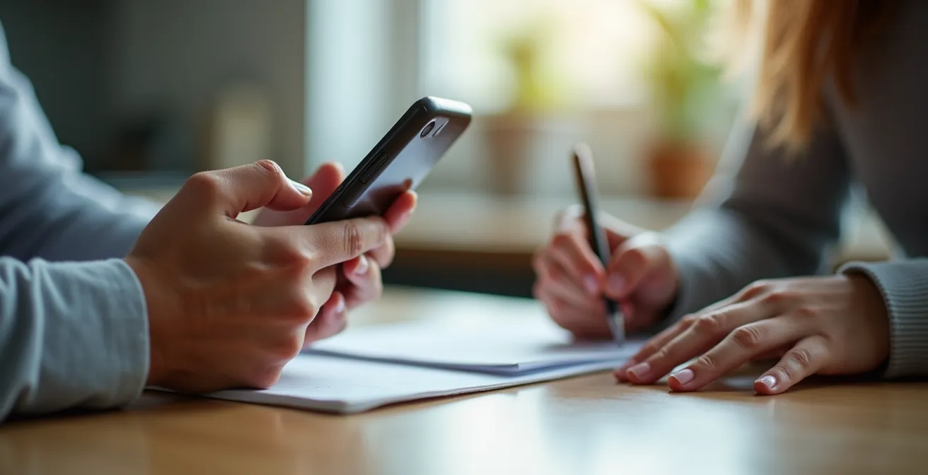A concerned pet owner quickly writing down information about their dog's condition while on the phone with a vet.