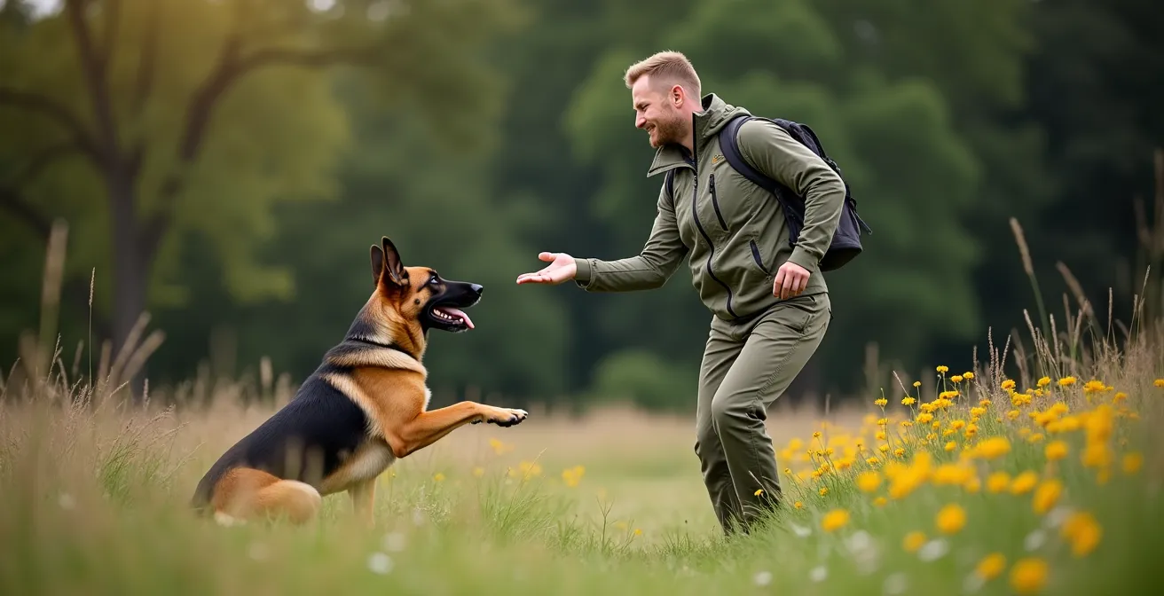 Dog trainer releasing German Shepherd to sniff grass as environmental reward in park setting