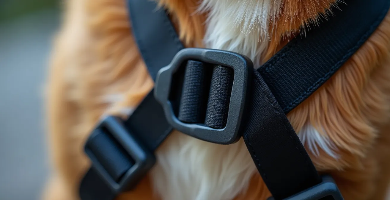Three-strap escape-proof harness showing secure belly strap positioning