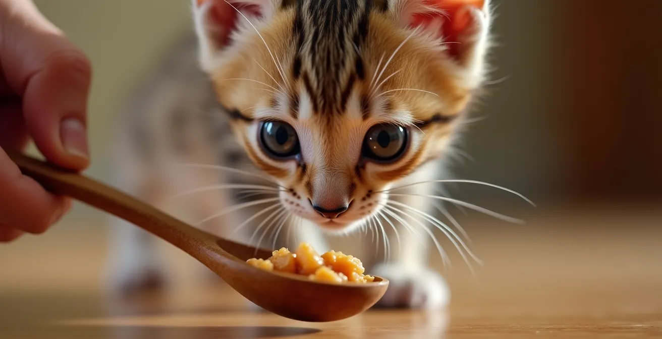 Close-up of a cautious kitten approaching a spoon with food held by a gentle hand