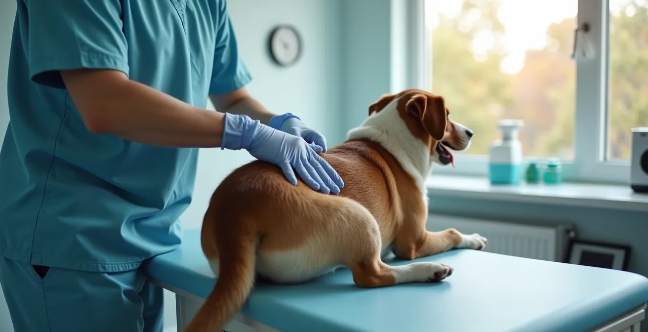 Wide shot of veterinarian examining dog's lower back showing classic flea allergy dermatitis pattern