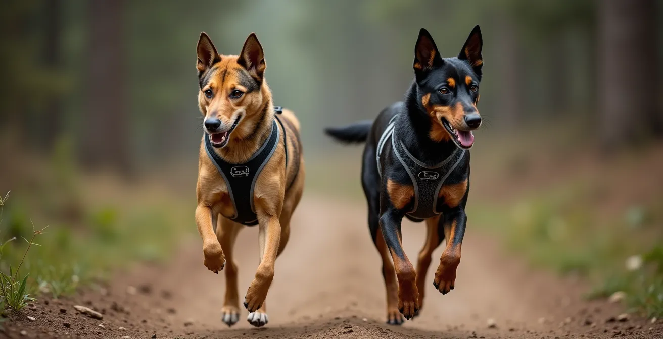 Two dogs with different harness attachment points demonstrating force vector angles