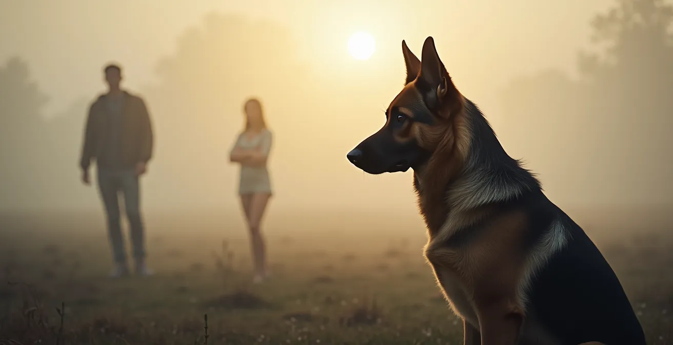 Symbolic composition showing a German Shepherd in profile observing distant figures while remaining calm and focused