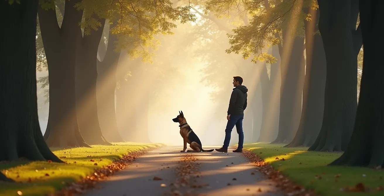 German Shepherd in deep concentration during heel command with owner in park setting