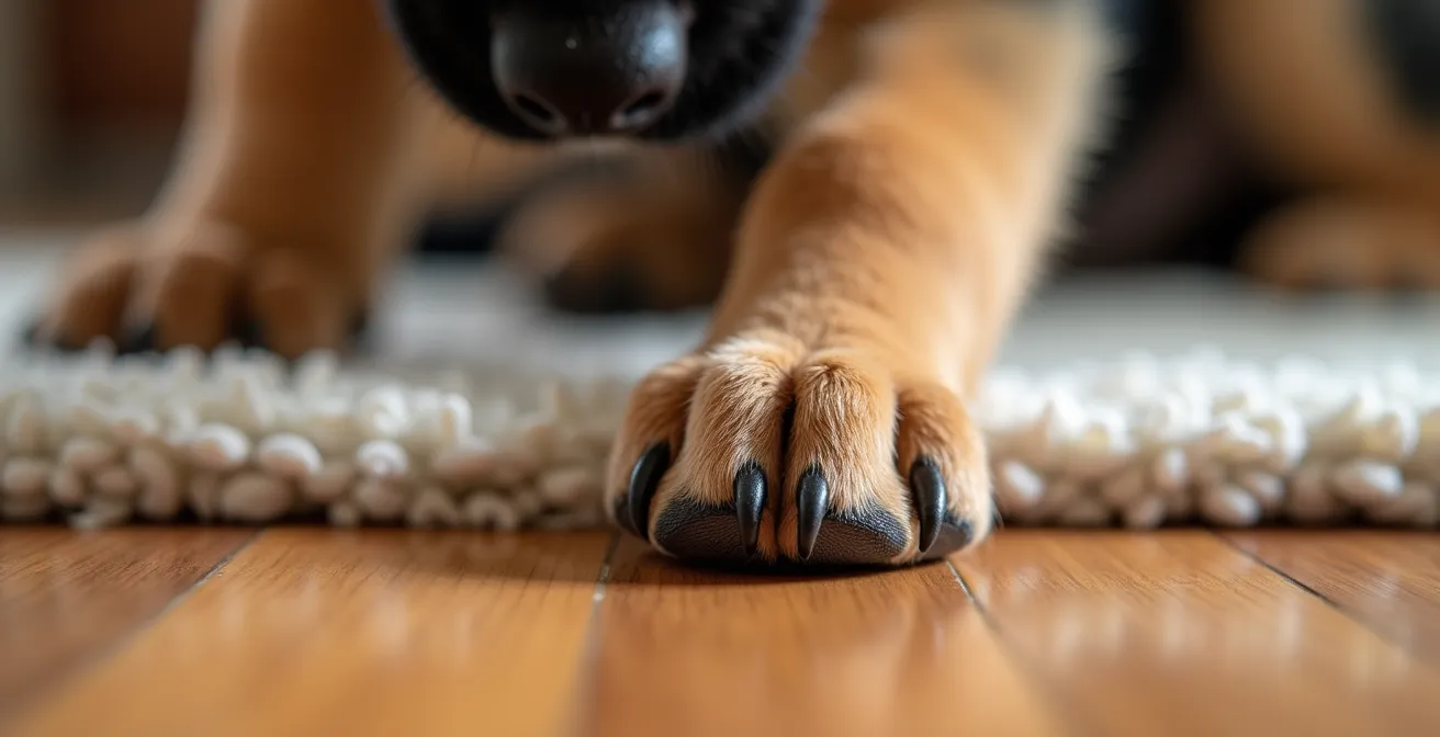 German Shepherd puppy carefully stepping from carpet to wood floor with focused expression