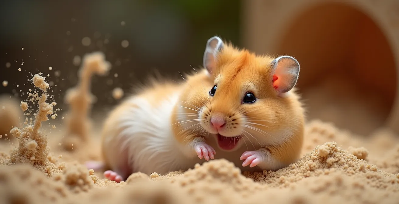Syrian hamster rolling and digging in a sand bath showing natural grooming behavior
