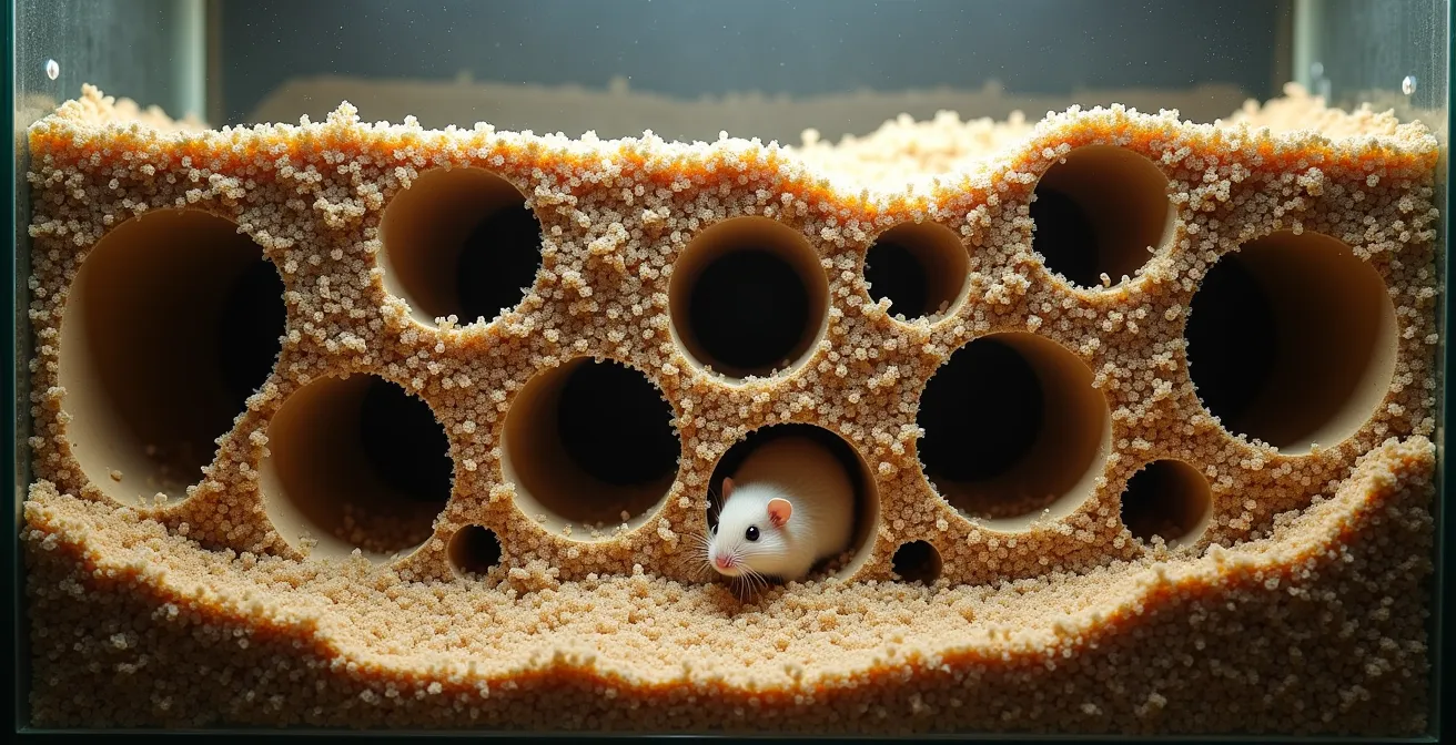 Cross-section view of elaborate hamster burrow system showing multiple chambers and tunnels in deep bedding