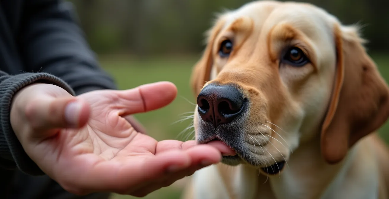 Extreme close-up of dog nose touching trainer hand in perfect targeting position