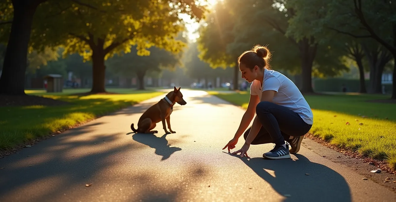 A person testing hot pavement temperature with their hand while their dog waits in the shade, demonstrating heat safety.