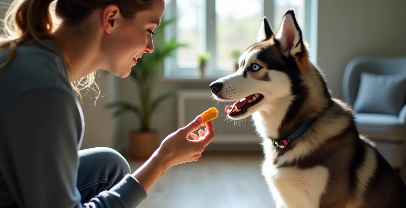 Husky and owner engaged in collaborative training session
