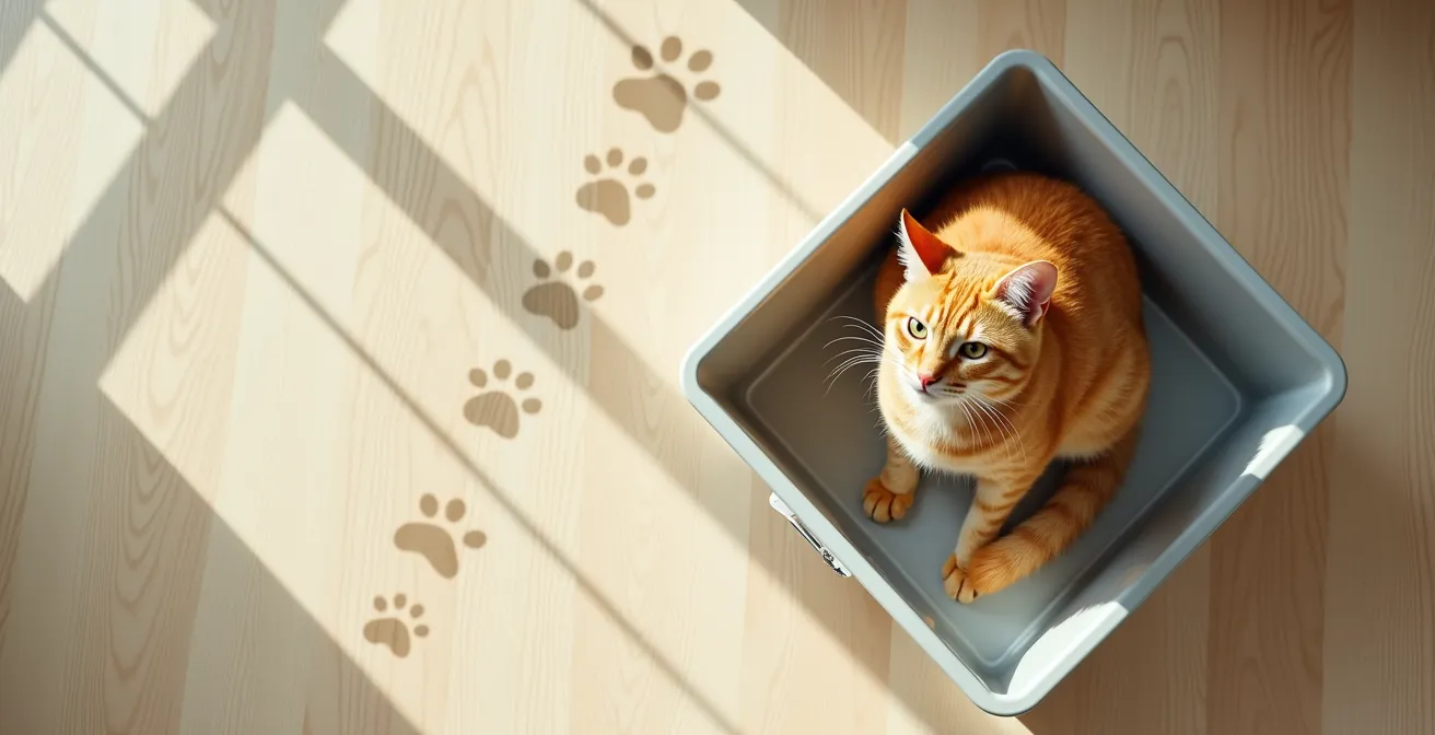 Overhead view showing optimal litter box placement in room corner with clear escape routes